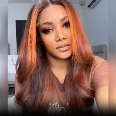 Geeta Dark Brown Highlight Body Wave HD Lace Front Wig Copper Color Face Frame Highlights Human Hair Wigs - GeetaHair