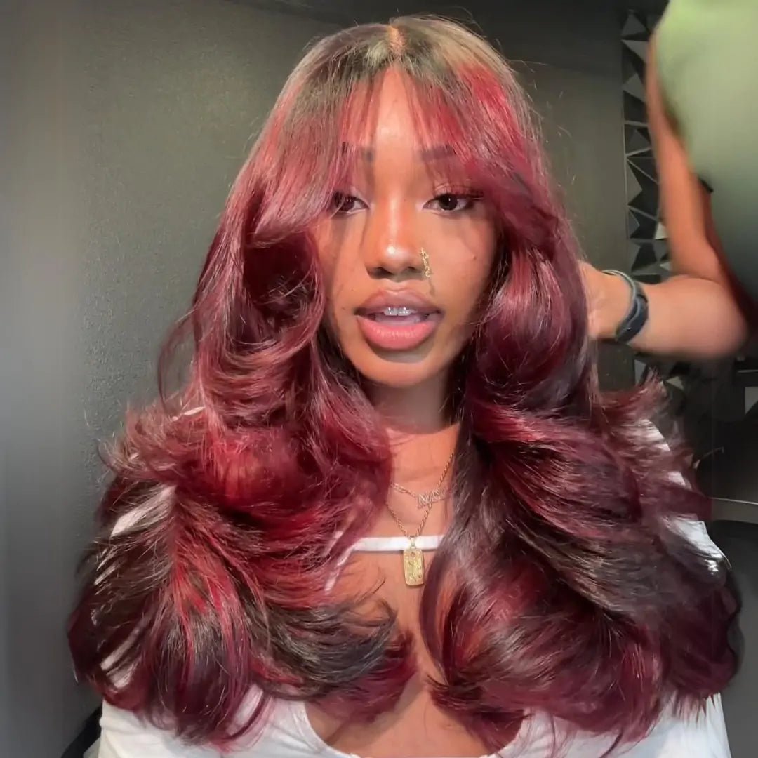 Burgundy Highlight Colored Glueless Wigs Body Wave 13x4 Transparent Lace Front Wig Pre Plucked - GeetaHair