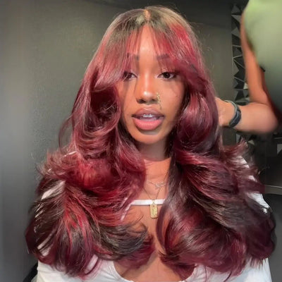 Burgundy Highlight Colored Glueless Wigs Body Wave 13x4 Transparent Lace Front Wig Pre Plucked - GeetaHair