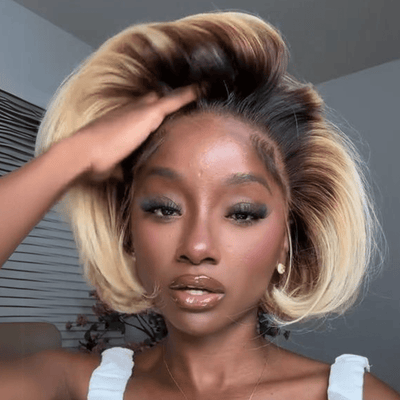 Short Bob Wigs T2/613 Custom 13x4 Lace Front Human Hair Wigs Blonde Bob Wigs With Dark Brown Roots - GeetaHair