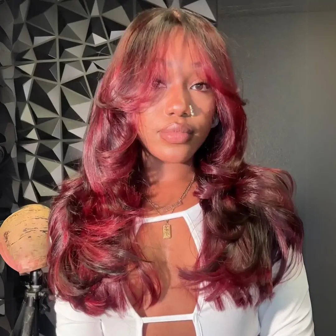 Burgundy Highlight Colored Glueless Wigs Body Wave 13x4 Transparent Lace Front Wig Pre Plucked - GeetaHair