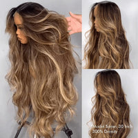Highlight Blonde Color 13×4 / 7x5 Lace Long Wavy Human Hair Wigs Ombre Blonde Balayage Lace Front Wigs - GeetaHair