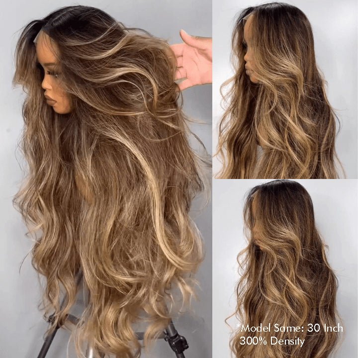 Highlight Blonde Farbe Lange gewellte Echthaarperücken Ombre Blonde Balayage Lace Front Perücken 