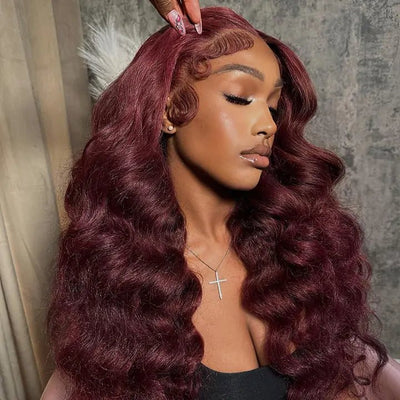 Body Wave 99J Lace Front Wig 13x4 Burgundy Colored Glueless Wigs Pre Plecked - Geeta Hair - GeetaHair
