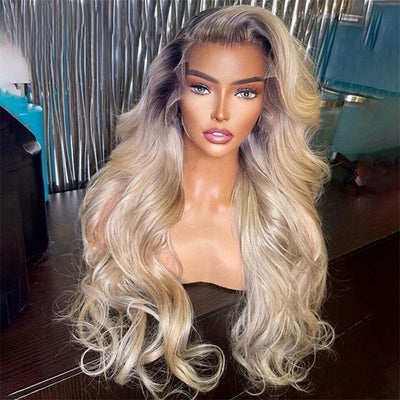 Geeta Highlight Ash Blonde Body Wave Lace Front Wig #613 Color Human Hair Wigs With Dark Roots - GeetaHair