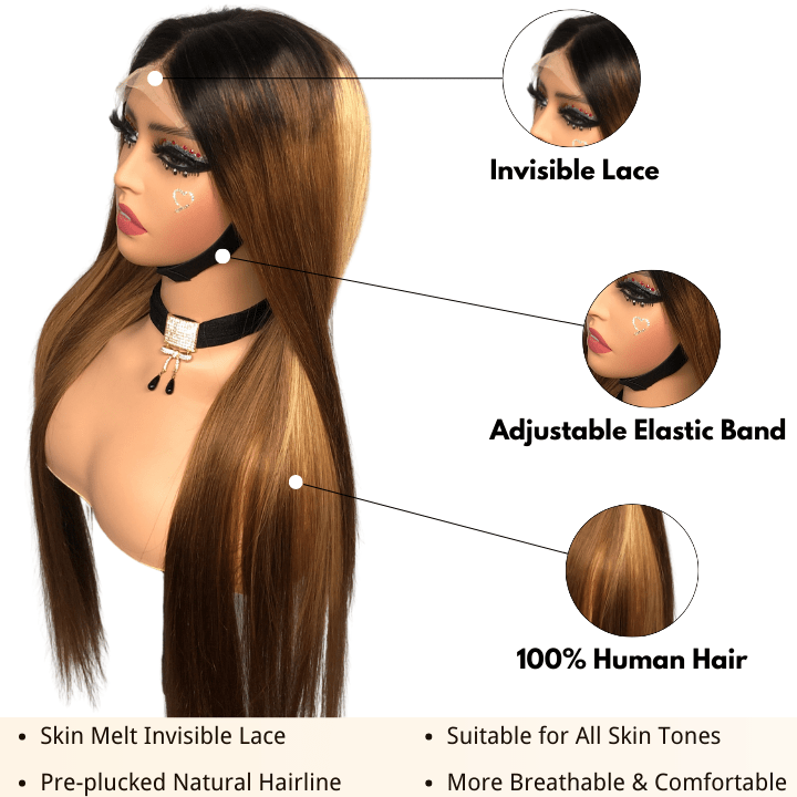 Straight Brown Wig With Blonde Highlights 13x4 HD Transaparent Lace Front Human Hair Wigs With Dark Roots - Geeta Hair - GeetaHair