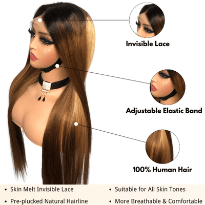 Straight Brown Wig With Blonde Highlights 13x4 HD Transaparent Lace Front Human Hair Wigs With Dark Roots - Geeta Hair - GeetaHair