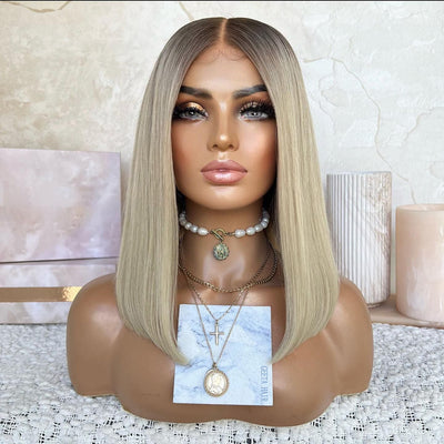 Ash Blonde Lace Front Wig 13x4 Lace Front Straight Bob Human Hair Wigs Pre Blucked 180% Density - GeetaHair