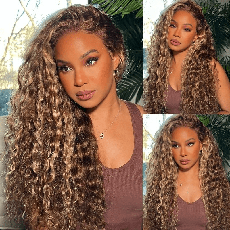 Geeta Honey Blonde Highlight Water Wave 13x4 Lace Front / 6x4 Pre Cut Lace Human Hair HD Lace Wig For Women - GeetaHair