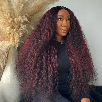 Curtain Bangs Body Wave Wig Dark Burgundy 99J Lace Front Human Hair Wigs 180% Density - GeetaHair