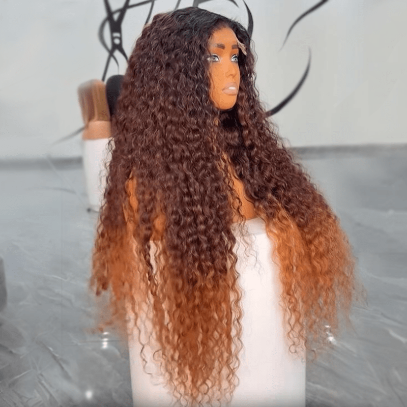 Ombre Brown Curly Lace Front Wigs Human Hair Pre Plucked Deep Curly Wave 13x4 HD Lace Frontal Wigs - GeetaHair