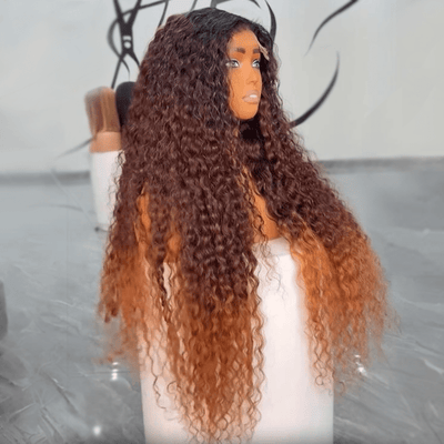Ombre Brown Curly Lace Front Wigs Human Hair Pre Plucked Deep Curly Wave 13x4 HD Lace Frontal Wigs - GeetaHair