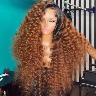 Geeta Caramel Brown Wand Curly 13x4 Lace Front Wig With Dark Root Wig Ombre Color HD Lace Human Hair Wigs - GeetaHair