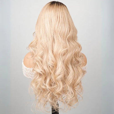 24 Hours Shipping Luxury Designer Series Light Flaxen Brow with Dark Roots Wig Body Wave 13x4 Lace Front Gluleless Wigs 180% Density - GeetaHair