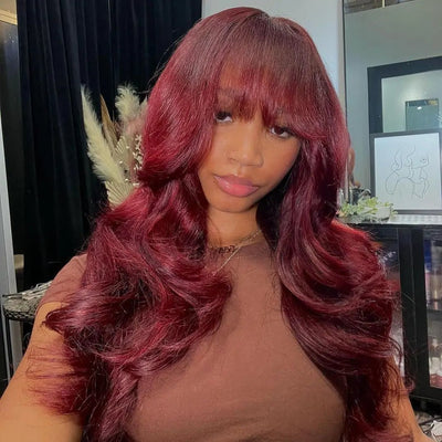 99j Burgundy Lace Front Wigs Body Wave Wigs with Bangs Human Hair Wigs Pre Plucked - GeetaHair