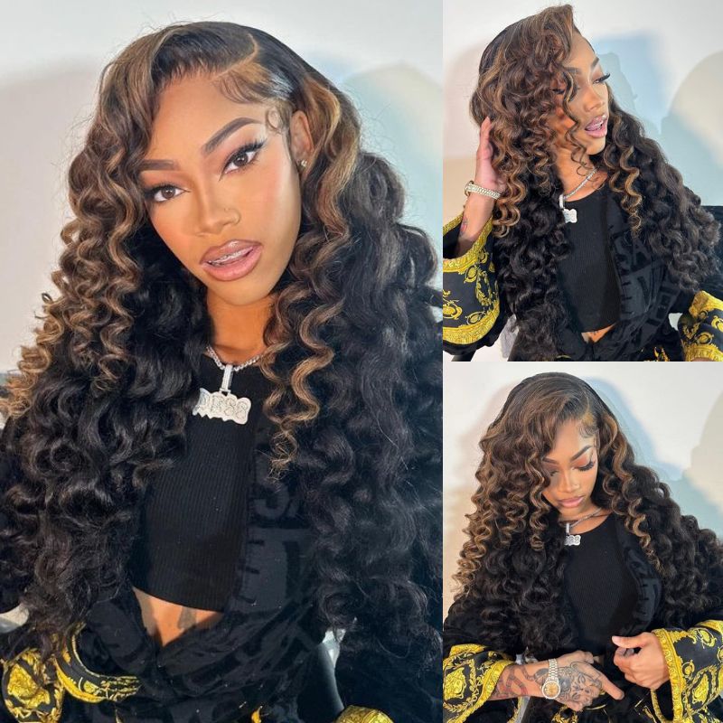 Highlight Stunk Stripe Wigs Loose Deeep Wave Colored 13x4 HD Lace Front Wigs Pre Plucked - GeetaHair