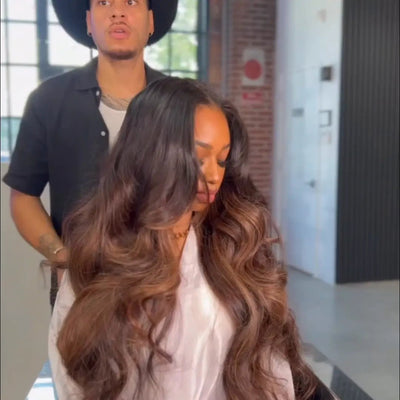 Brown Body Wave Glueless Wig Black Hair with Chestnut Brown 13x4 Highlights Lace Front Wig - GeetaHair