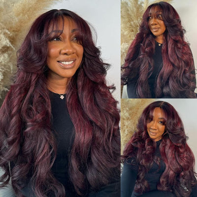 Curtain Bangs Body Wave Wig Dark Burgundy 99J Lace Front Human Hair Wigs 180% Density - GeetaHair