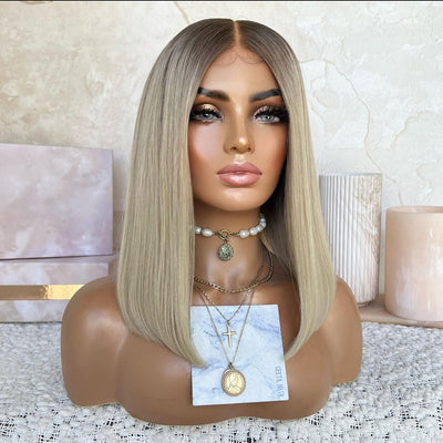 Ash Blonde Lace Front Wig 13x4 Lace Front Straight Bob Human Hair Wigs Pre Blucked 180% Density - GeetaHair