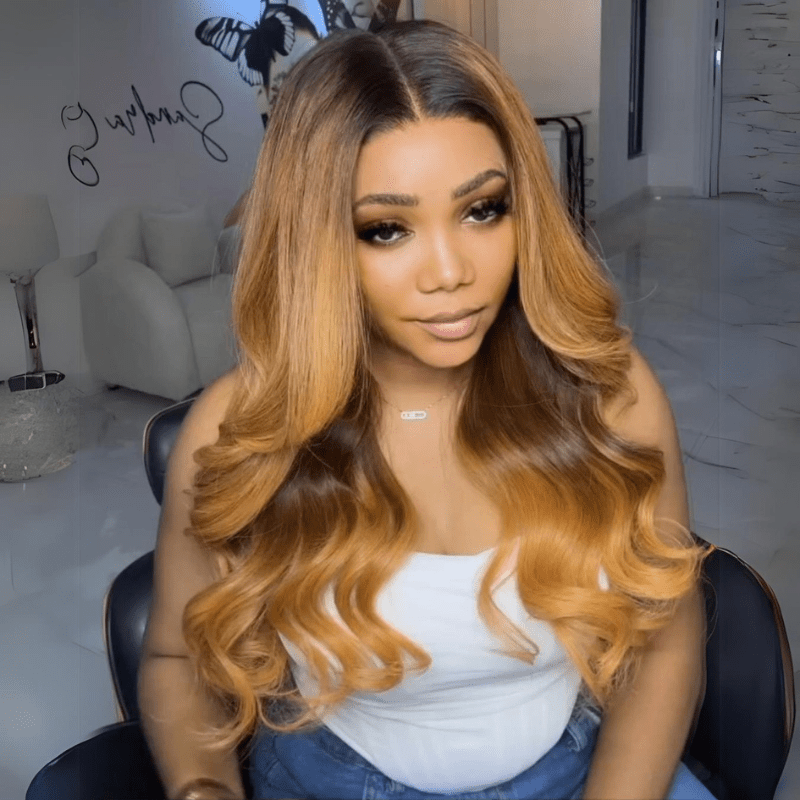 Body Wave Brown Blonde Lace Front Wigs With Black Root 13x4 HD Lace Wig 180% Density - GeetaHair