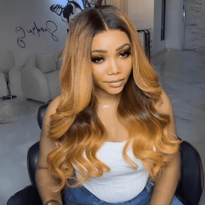 Body Wave Brown Blonde Lace Front Wigs With Black Root 13x4 HD Lace Wig 180% Density - GeetaHair