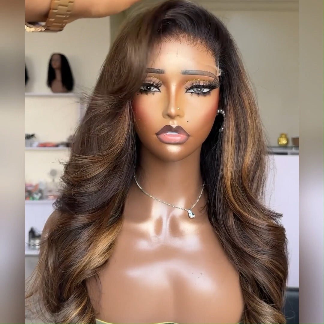 Dark Brown Highlight Wig Long Natural Wavy 13x4 Lace Front Wigs For Women Pre Plucked With Baby Hair - GeetaHair