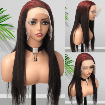 Sparkle burgundy Roots Long Straight 13x4/4x4 Lace Front Wig Ombre 99J Colored Bone Straight Human Hair Wigs - Geeta Hair - GeetaHair