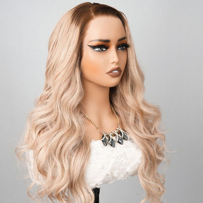 24 Hours Shipping Luxury Designer Series Light Flaxen Brow with Dark Roots Wig Body Wave 13x4 Lace Front Gluleless Wigs 180% Density - GeetaHair