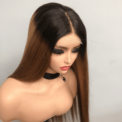 Straight Brown Wig With Blonde Highlights 13x4 HD Transaparent Lace Front Human Hair Wigs With Dark Roots - Geeta Hair - GeetaHair