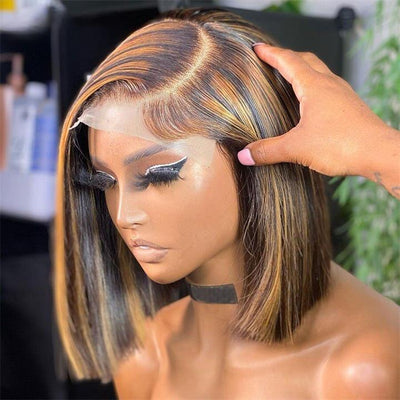 Pre Bleached Knots Highlight Bob Wig Human Hair Straight 13x4 Lace Frontal Wig 180% Density Pre Plucked - GeetaHair