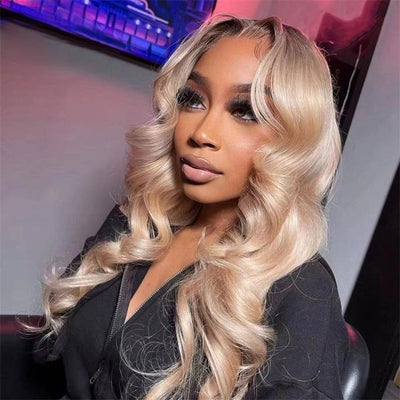 Geeta Highlight Ash Blonde Body Wave Lace Front Wig #613 Color Human Hair Wigs With Dark Roots - GeetaHair