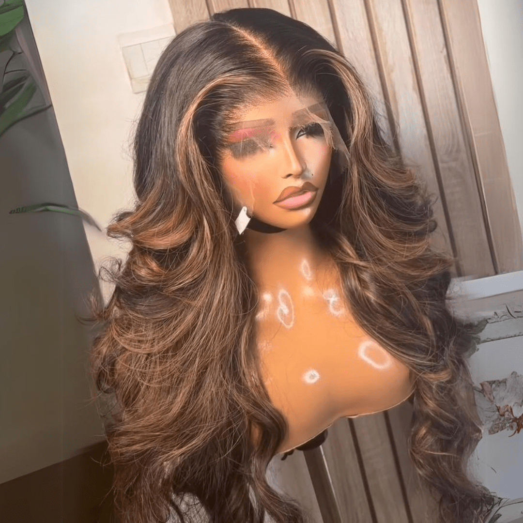 Ombre Brown Highlight 13x4 Body Wave Lace Front Human Hair Wigs Brown with Black Colored Wig Pre plucked - GeetaHair