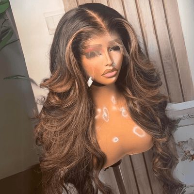 Ombre Brown Highlight 13x4 Body Wave Lace Front Human Hair Wigs Brown with Black Colored Wig Pre plucked - GeetaHair