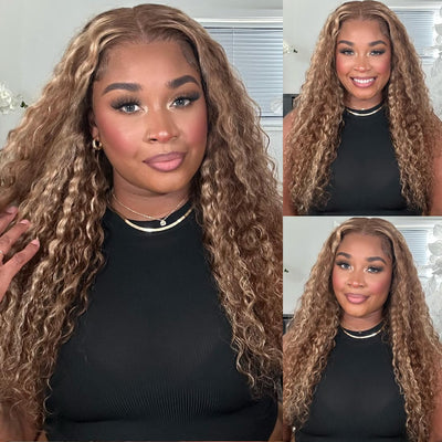 Honey Blonde Highlight Water Wave 13x4 Lace Front Wigs Human Hair Ombre Curly HD Transparent Lace Frontal Wigs for Women - GeetaHair