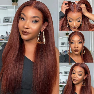 Wear Go Glueless Reddish Brown Kinky Straight 6x5 Pre Cut Lace Human Hair Wigs 180% Density - GeetaHair