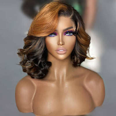 No Code Need: Brown Highlight Body Wave Transparent Lace Human Hair Bob Wigs - Geeta Hair - GeetaHair