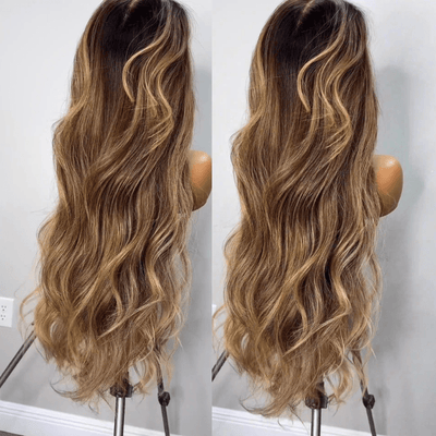 Geeta Highlight Blonde Color Long Wavy Human Hair Wigs Ombre Blonde Balayage Lace Front Wigs - GeetaHair