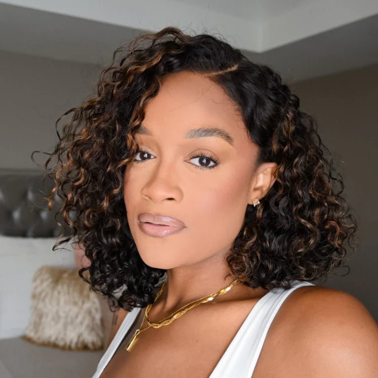 Pre Bleached Knots Highlight Curly Bob Wig Human Hair Pre Plucked C Shape Lace Wig 180% Density - GeetaHair