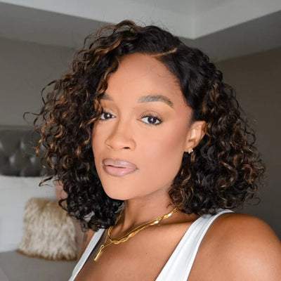 Pre Bleached Knots Highlight Curly Bob Wig Human Hair Pre Plucked C Shape Lace Wig 180% Density - GeetaHair