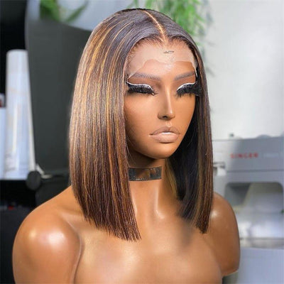 Pre Bleached Knots Highlight Bob Wig Human Hair Straight 13x4 Lace Frontal Wig 180% Density Pre Plucked - GeetaHair
