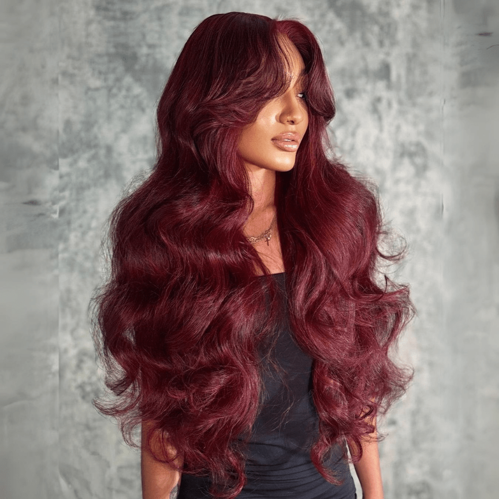 Curtain Bangs Burgundy Colored Glueless Human Hair Wigs Body Wave 13x4 Transparent Lace Front Wig - GeetaHair