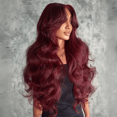 Curtain Bangs Burgundy Colored Glueless Human Hair Wigs Body Wave 13x4 Transparent Lace Front Wig - GeetaHair
