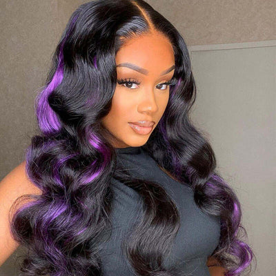 Skunk Stripe Hair Body Wave Lace Front Wig With Dark Purple Highlight HD Transparent Lace Human Hair Wigs - GeetaHair