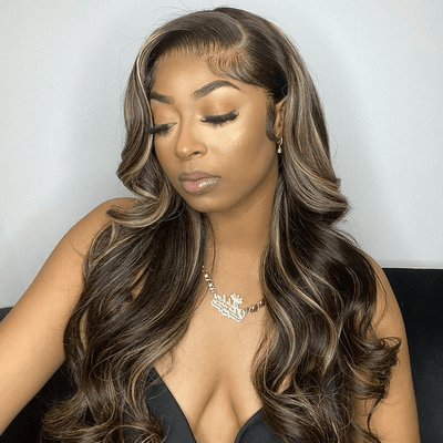 16"=$118 Highlight Brown Color Glueless Body Wave HD Lace Wig Pre Plucked 180% Density - Geeta Hair Flash Sale - GeetaHair