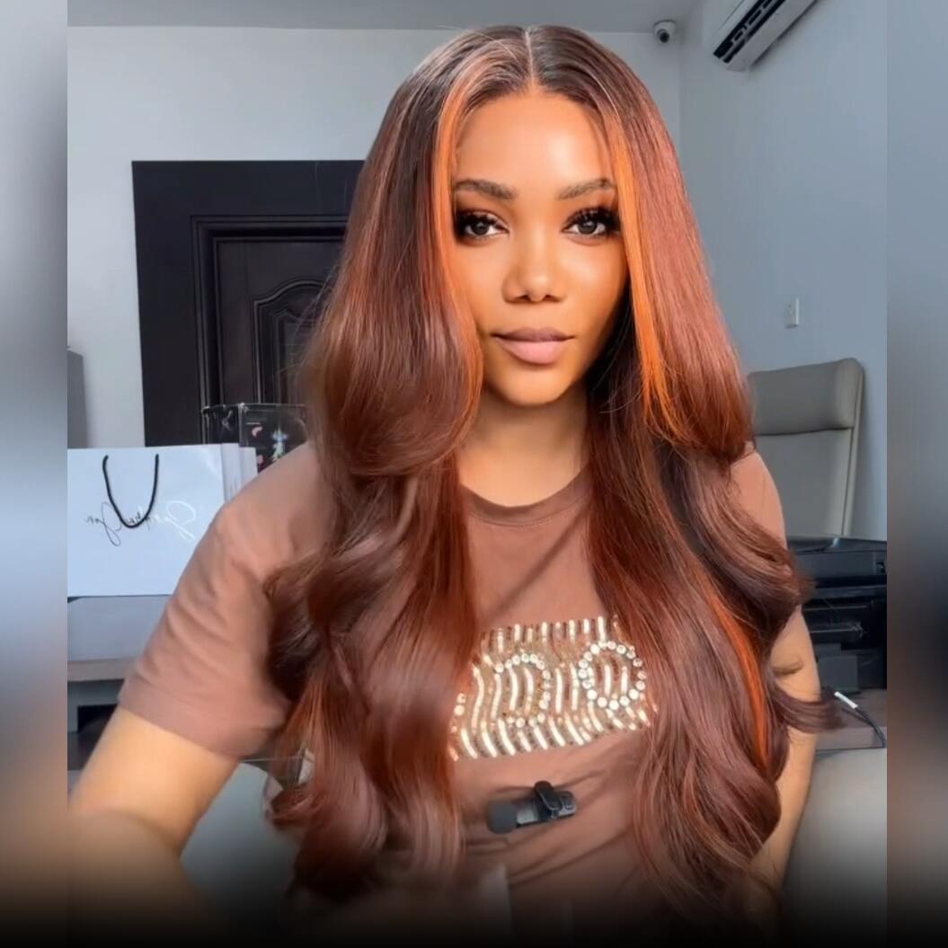 Geeta Dark Brown Highlight Body Wave HD Lace Front Wig Copper Color Face Frame Highlights Human Hair Wigs - GeetaHair