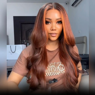 Geeta Dark Brown Highlight Body Wave HD Lace Front Wig Copper Color Face Frame Highlights Human Hair Wigs - GeetaHair