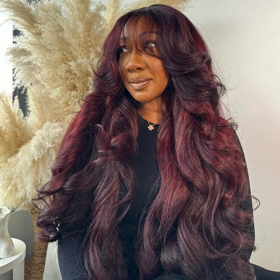 Curtain Bangs Body Wave Wig Dark Burgundy 99J Lace Front Human Hair Wigs 180% Density - GeetaHair