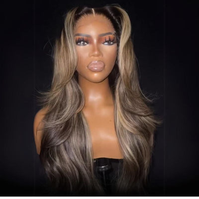 Geeta Brown Mixed Golden Color Long Wavy Human Hair Wigs Ombre Brown Balayage Highlight Lace Front Wigs - GeetaHair