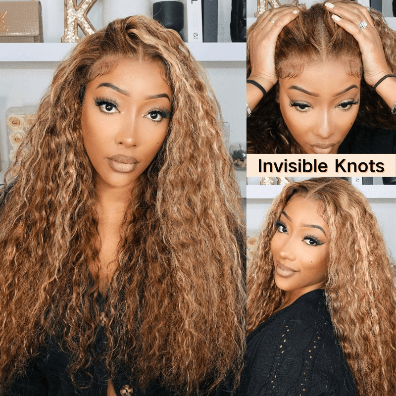 Geeta Honey Blonde Highlight Water Wave 13x4 Lace Front / 6x4 Pre Cut Lace Human Hair HD Lace Wig For Women - GeetaHair