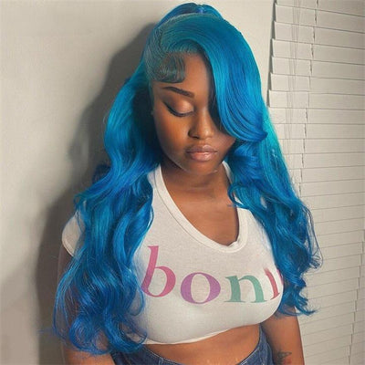 Ombre Lake Blue Body Wave HD Transparent Lace Wig Lake Blue Pre Plucked Human Hair Wigs - GeetaHair